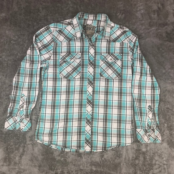BKE Mens Slim Fit Western Pearl Snap Shirt Turquoise Plaid Cotton Large - Picture 1 of 10